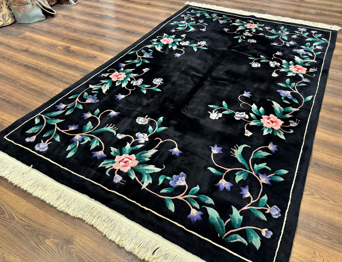 Chinese Wool Rug 6x9 Vintage Black Floral Minimal Design Art Deco Handmade Hand Knotted