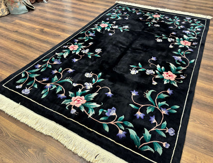 Chinese Wool Rug 6x9 Vintage Black Floral Minimal Design Art Deco Handmade Hand Knotted