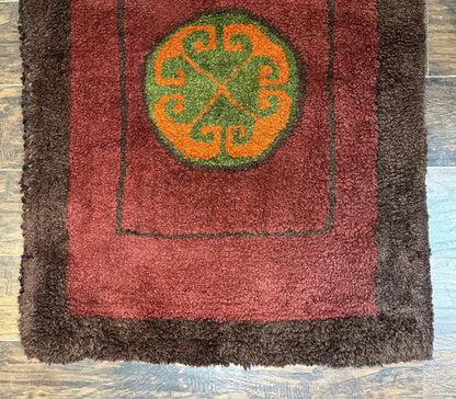 German Hooked Runner Rug 3x8, Vintage, Red, Wool