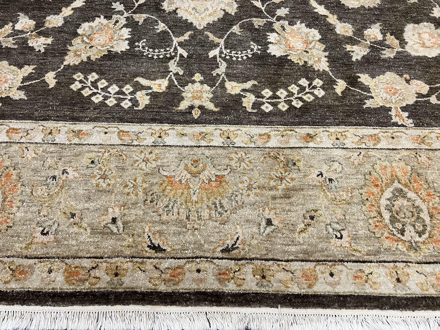 Indo Persian Rug 9x12 Hand Knotted Wool Vintage Floral Dark Brown Carpet