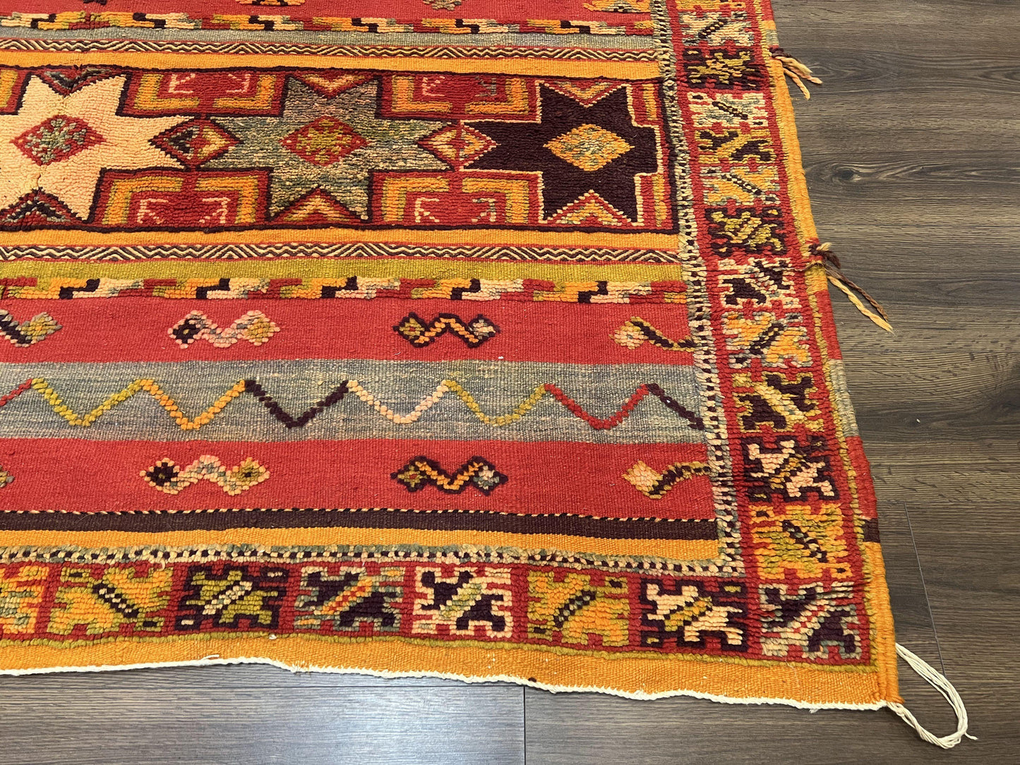 Unique Moroccan Rug 7x10, Room Sized Carpet, Red Orange Gray, Wool Oriental Striped Geometric Tribal Boho Rug, Flatweave with Raised Pile