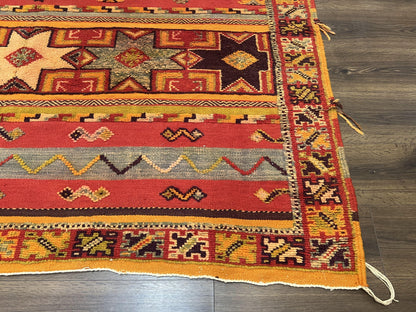 Unique Moroccan Rug 7x10, Room Sized Carpet, Red Orange Gray, Wool Oriental Striped Geometric Tribal Boho Rug, Flatweave with Raised Pile