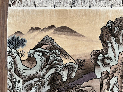 Silk Chinese Wall Hanging Rug 3x6 ft Tapestry, Pagoda Scene, Pictorial, High Quality Fine Hand Knotted Vintage, Asian Oriental Handmade Nice