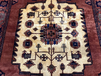 Afghan Heriz Rug 9x12 Vintage Hand Knotted Wool Carpet Tribal Geometric Serapi Rust Cream Navy