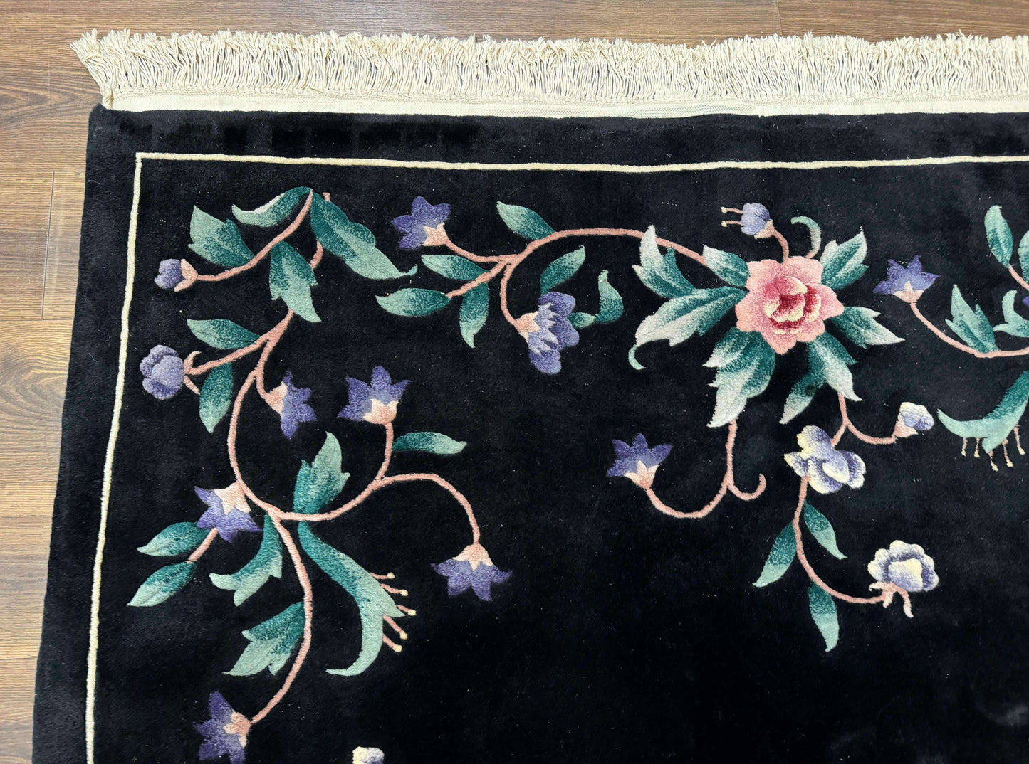 Chinese Wool Rug 6x9 Vintage Black Floral Minimal Design Art Deco Handmade Hand Knotted