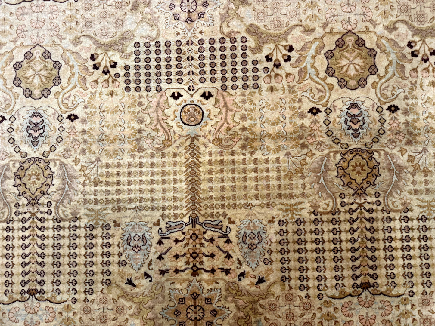 Pakistani Carpet 9x12, Finely Hand Knotted 270 KPSI, Cream, Allover Pattern