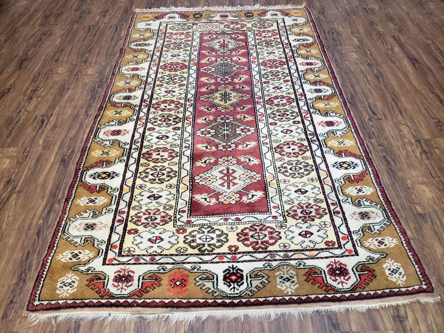 Turkish Caucasian Rug 4x7 Hand Knotted Wool Vintage Area Rug Cream Burnt Orange Carmine Red