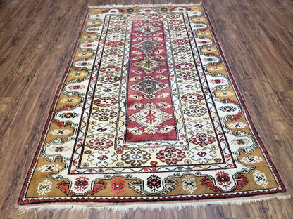 Turkish Caucasian Rug 4x7 Hand Knotted Wool Vintage Area Rug Cream Burnt Orange Carmine Red