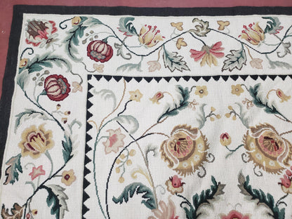 New Needlepoint Rug 9x12, Hand Woven Wool Area Rug, Flatweave Carpet, Handmade Chinese Needlepoint, Floral European Design, Ivory Background