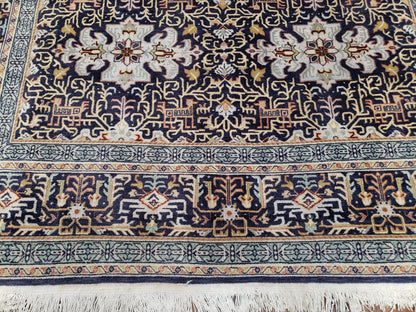 Persian Kashan Rug Hand Knotted Wool Navy Blue