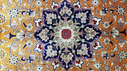 Vintage Persian Qum Silk Rug 4.6x6.7 Burnt Orange Navy Blue Antique Oriental Signature Master Weaver 350 KPSI