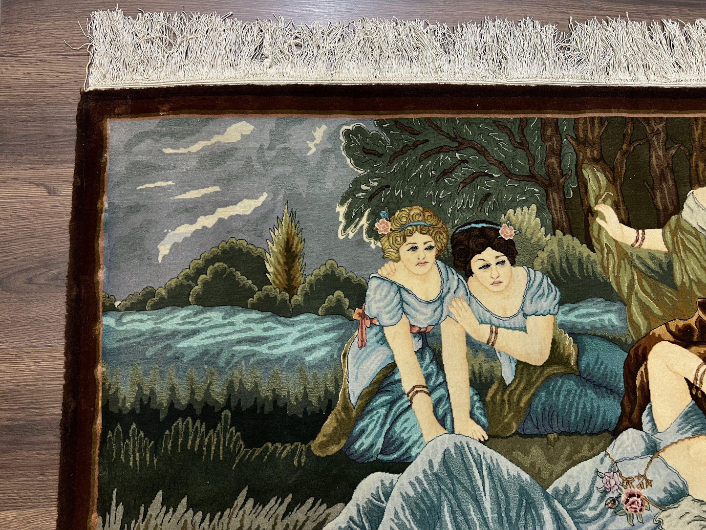 Persian Tabriz Pictorial Rug 5x3, Women Laying By River, Super Fine 60 Raj 480+ KPSI, Hand Knotted Wool Rug, Semi Antique Vintage Oriental Carpet