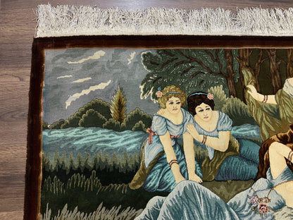 Persian Tabriz Pictorial Rug 5x3, Women Laying By River, Super Fine 60 Raj 480+ KPSI, Hand Knotted Wool Rug, Semi Antique Vintage Oriental Carpet