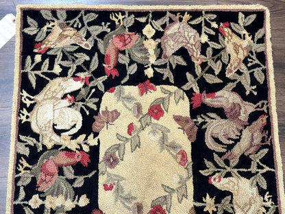 Small Vintage Hooked Rug Roosters Handmade Wool Area Rug Decor Accent