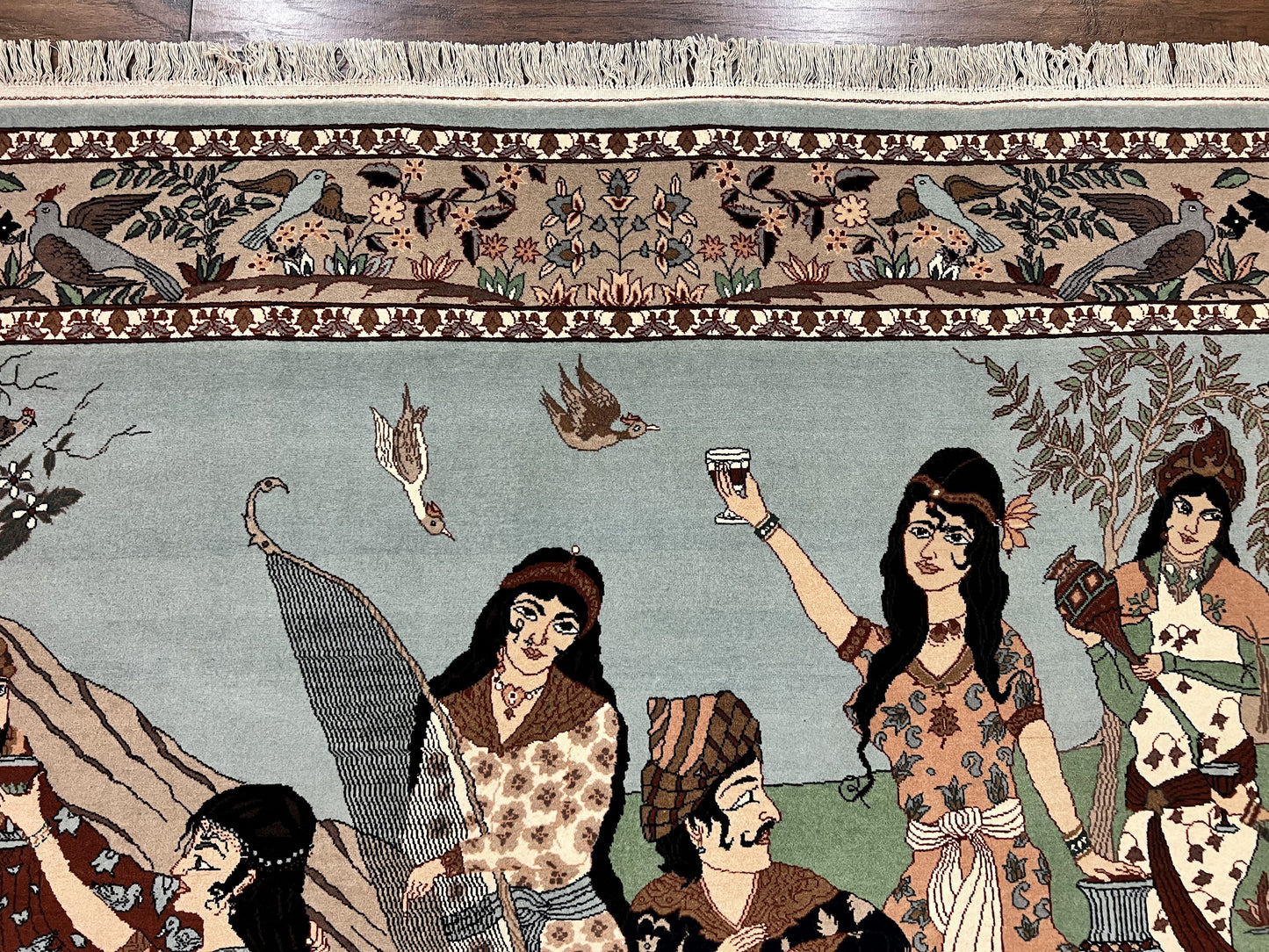 Indo Persian Pictorial Rug 4x7 Hand Knotted Wool Semi Antique Handmade Bird Pictorial Rug