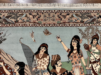 Indo Persian Pictorial Rug 4x7 Hand Knotted Wool Semi Antique Handmade Bird Pictorial Rug