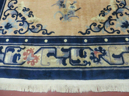 Antique Handmade Peking Chinese Wool Rug 1950s Vintage 47 By 71 Inches Blue And Salmon
