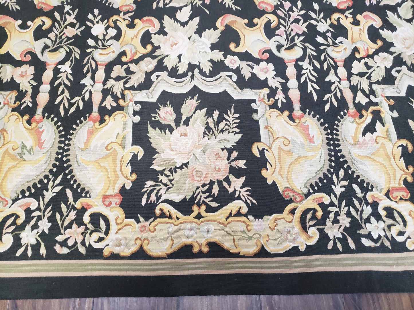 Vintage Black Aubusson Area Rug 8x10, Large Flowers Chinese Aubusson Carpet 7.9 x 10, Wool Hand-Knotted Floral Pattern Flat Weave Rug Nice
