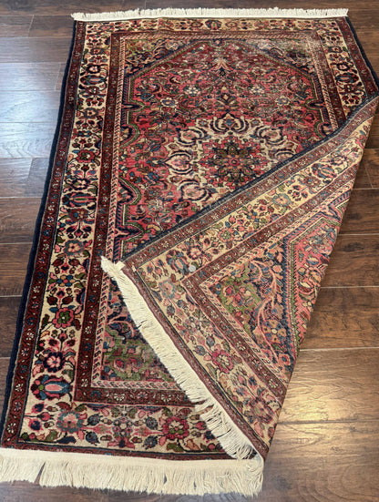Antique Persian Malayer Rug 4 Ft 7 In By 6 Ft 6 In Hand Knotted Wool Carpet 1920s Tribal Red With Navy Accents