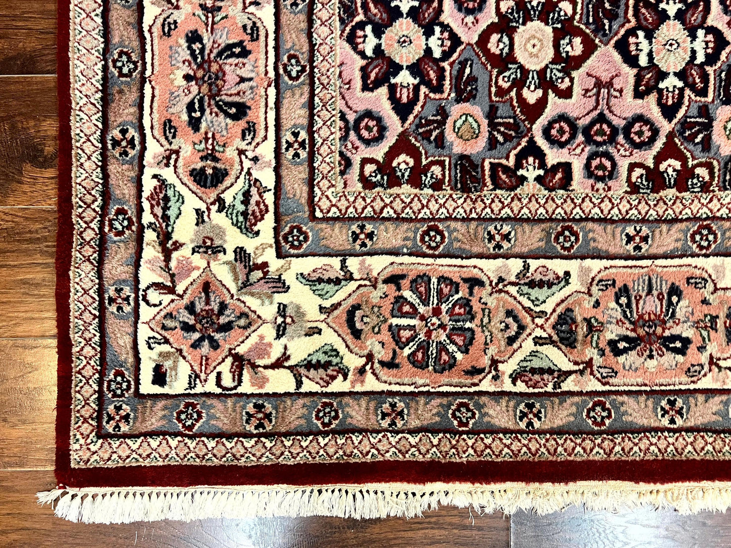 Indo Persian Rug 8x10, Repeated Allover Pattern, Navy Blue Ivory, Handmade Vintage Wool Carpet