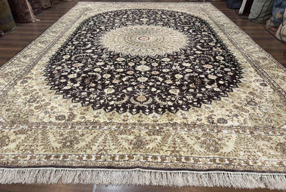 Indian Kashmiri Silk Rug 10x14, Floral Medallion
