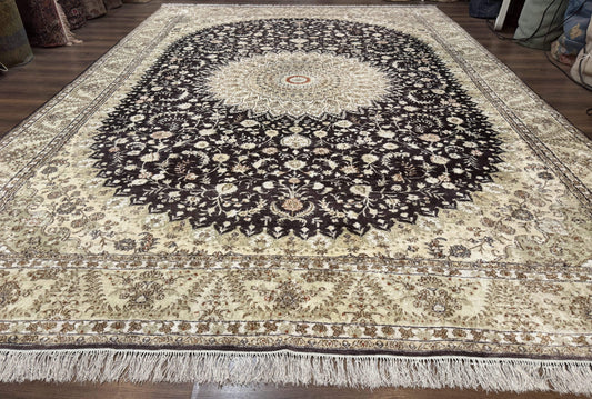 Indian Kashmiri Silk Rug 10x14, Floral Medallion
