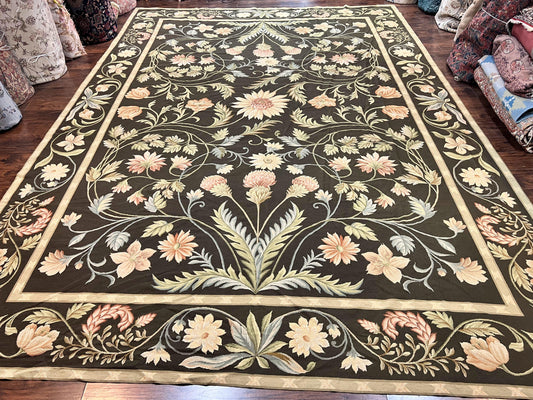 Large Needlepoint Rug 11x16, Dark Green Floral Elegant European Design Vintage Wool Handmade Carpet, Palace Size Rug