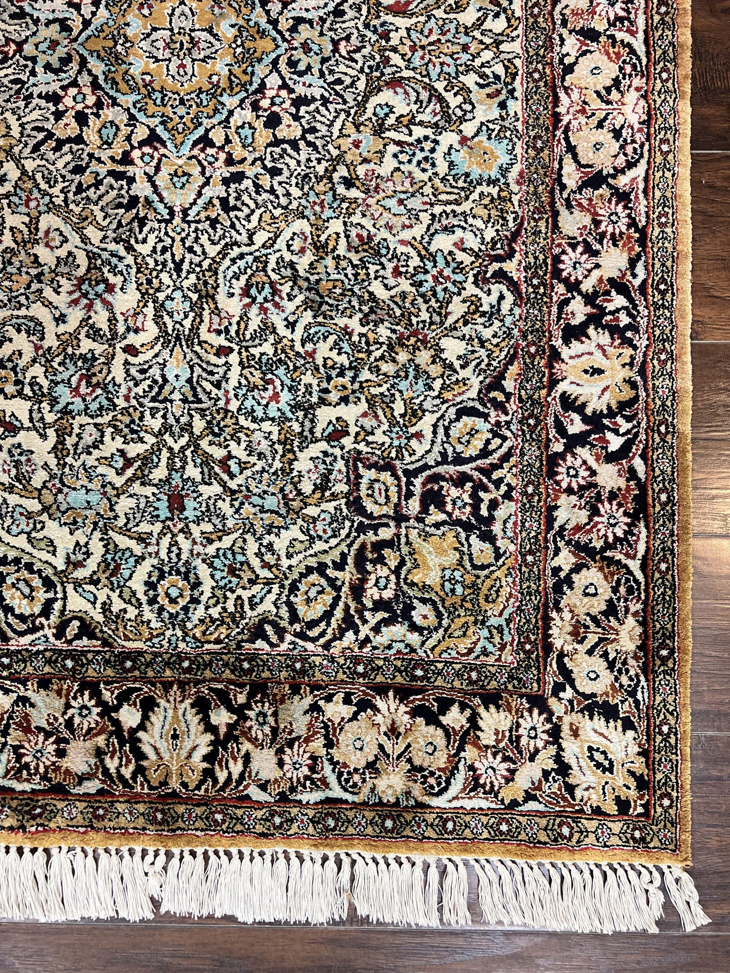 Silk Persian Qum Rug 4x5, Hand Knotted Vintage Carpet, Cream & Navy Blue, Silk Pile on Silk Foundation, Very Fine 360 KPSI