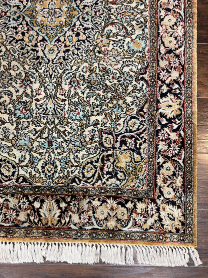 Silk Persian Qum Rug 4x5, Hand Knotted Vintage Carpet, Cream & Navy Blue, Silk Pile on Silk Foundation, Very Fine 360 KPSI