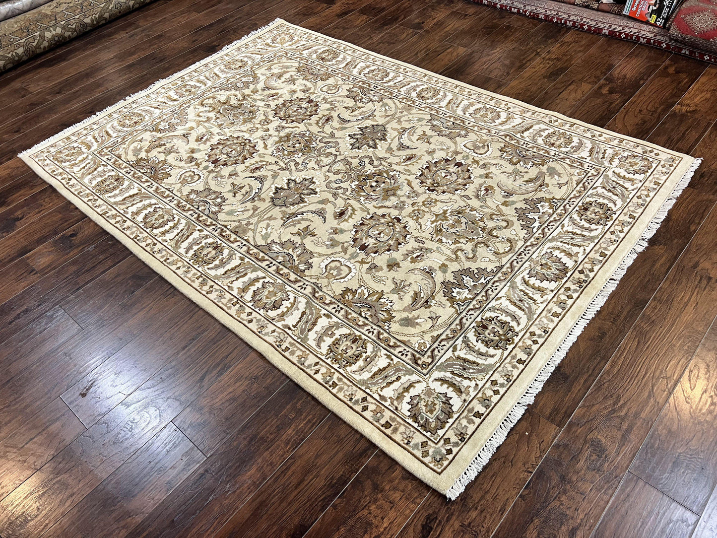 Indo Mahal Rug 6x9 Hand Knotted Wool Floral Ivory Green Traditional Carpet
