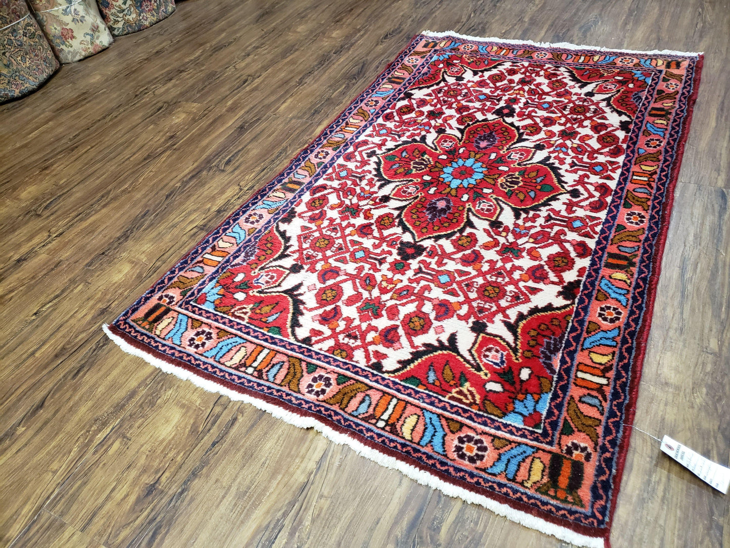Handmade Floral Wool Rug Turkish Vintage 3 Ft 2 In By 5 Ft 1 In Red Beige Ivory
