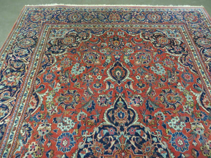 Persian Kashan Rug 4x7, Red and Navy Blue Semi Antique Vintage Wool Oriental Carpet, Hand Knotted Rug, Floral Medallion, High Quality Fine Carpet