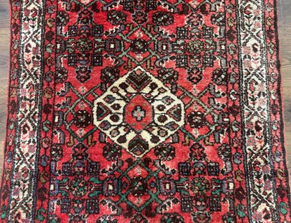 Persian Runner Rug 3x10, Wool Hand Knotted Hallway Rug 3 x 10 ft, Red and Ivory, Hamadan Angelas Runner