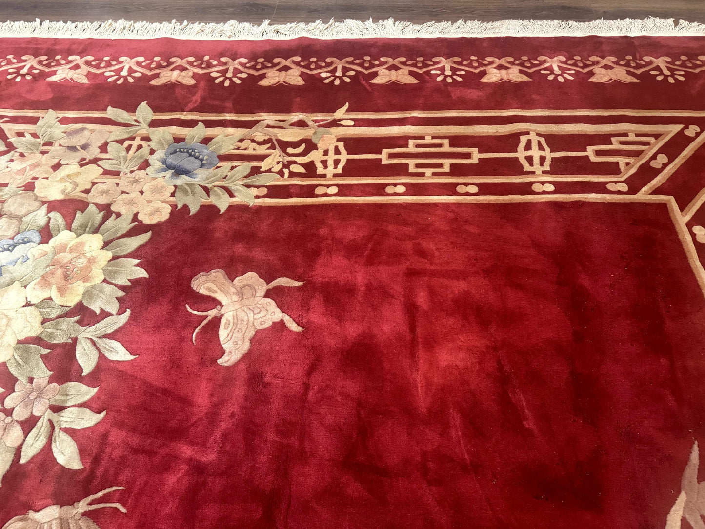 Chinese Wool Rug 12x18 Palace Size Vintage Hand Knotted Red With Butterflies And Flowers