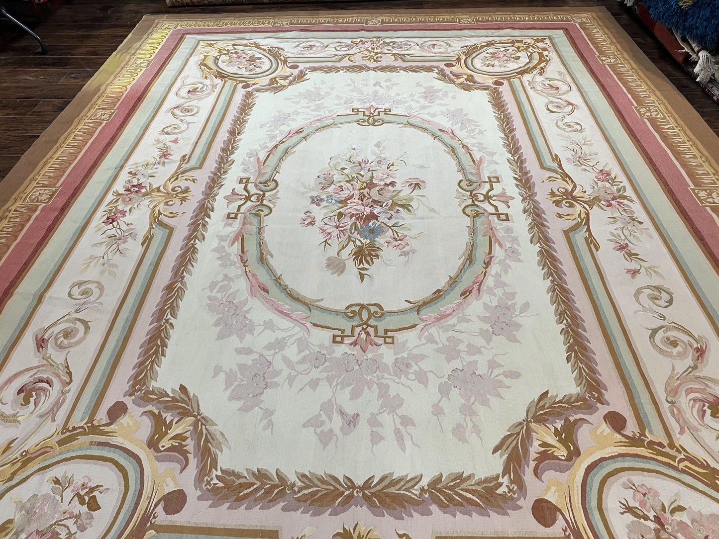 Premium Aubusson Rug 11x15 Wool Handmade Vintage European Flatweave Savonnerie Carpet