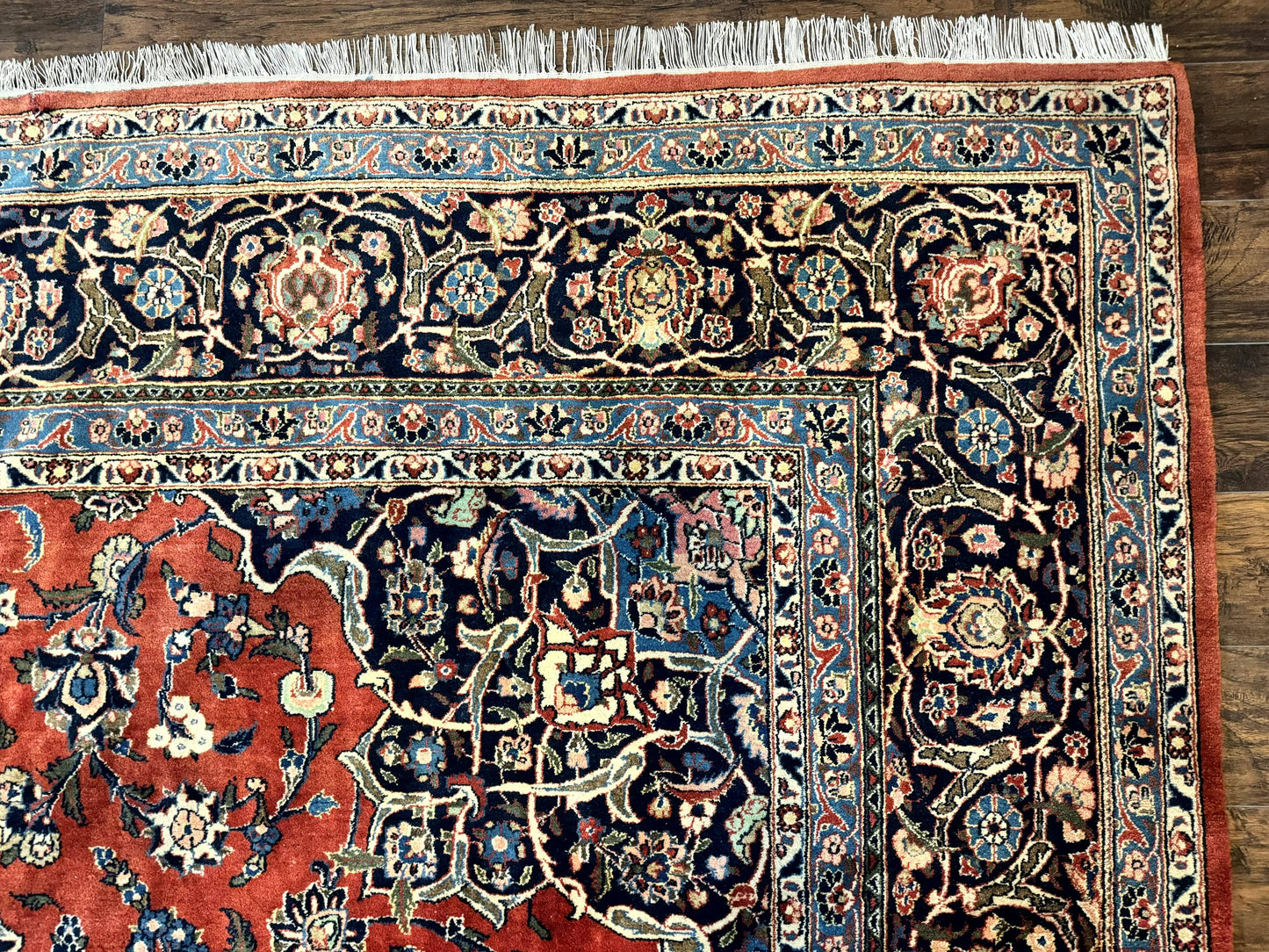 Red Persian Kashan Rug 10x14, Hand-Knotted Semi Antique Floral Medallion Handmade Wool Carpet, Red & Navy Blue