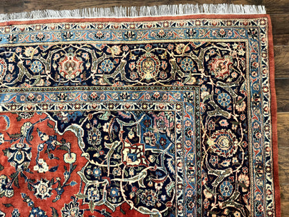 Red Persian Kashan Rug 10x14, Hand-Knotted Semi Antique Floral Medallion Handmade Wool Carpet, Red & Navy Blue