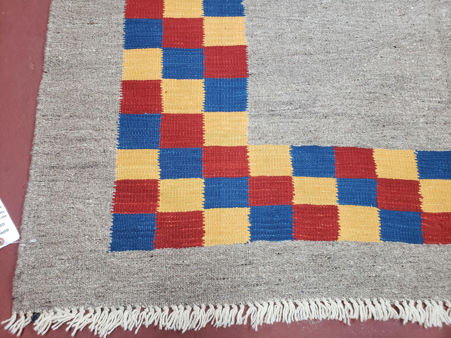Turkish Kilim Rug Hand Knotted Wool Area Rug 5 Ft 6 In By 8 Ft Gray With Colorful Checker Border