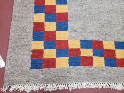 Turkish Kilim Rug Hand Knotted Wool Area Rug 5 Ft 6 In By 8 Ft Gray With Colorful Checker Border