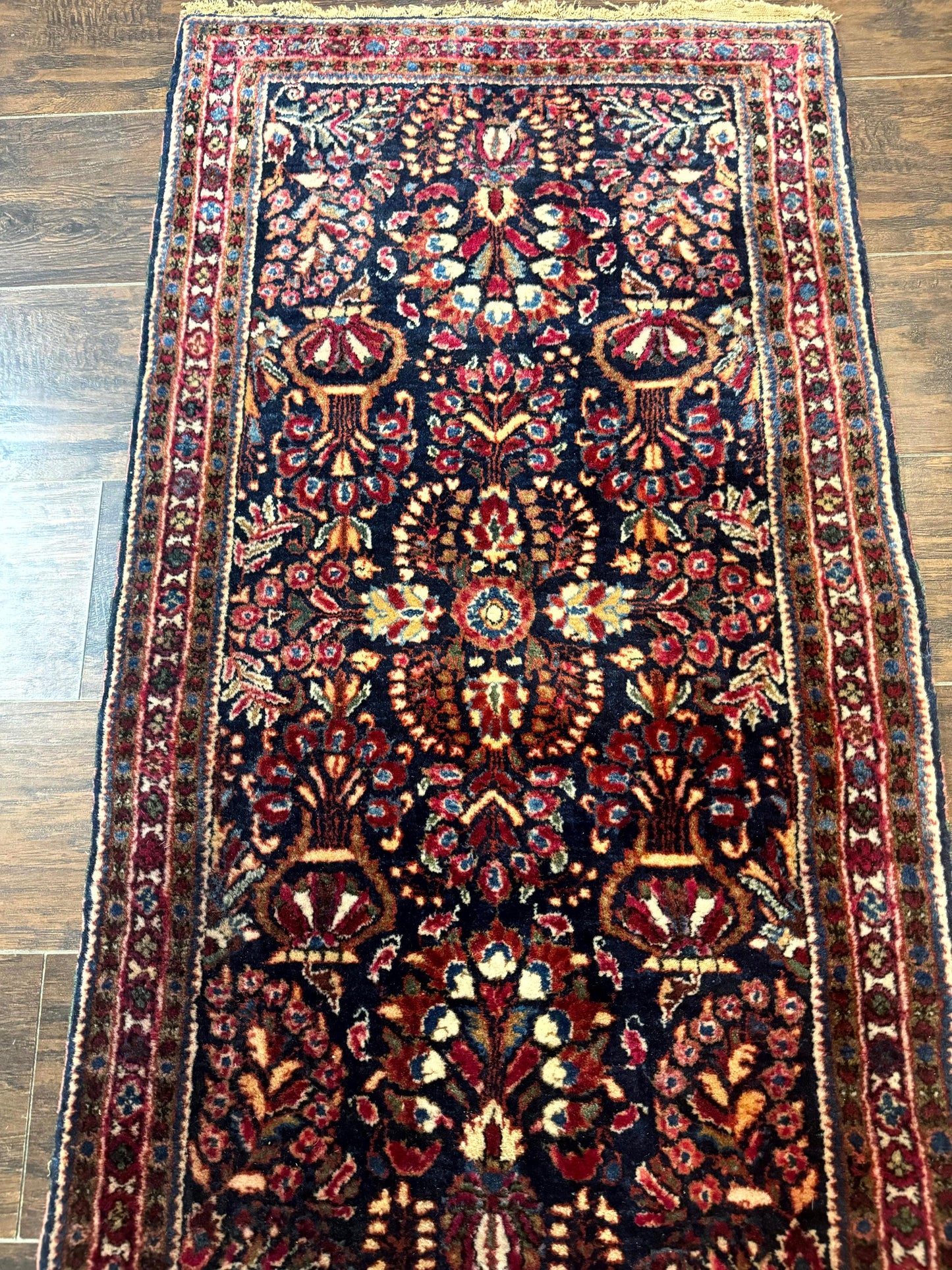 Small Navy Blue Persian Rug 2x4, Sarouk Rug, Rare Colors, Antique 1920s Wool Rug