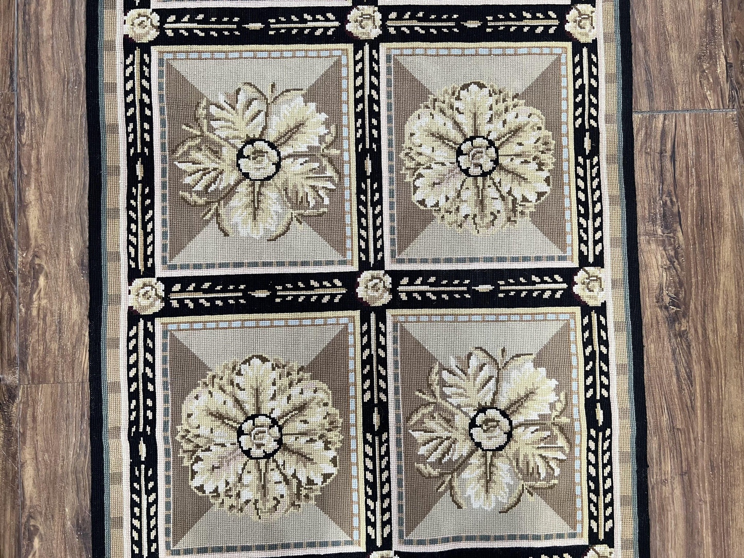 Needlepoint Runner Rug 3x8 Panel Design Rug, Flatweave Runner Rug, English Design, Floral, Short Runner Rug, Black and Beige Wool Hand-Woven