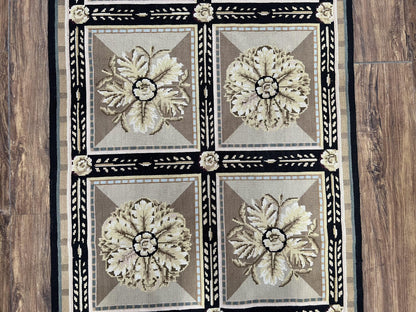 Needlepoint Runner Rug 3x8 Panel Design Rug, Flatweave Runner Rug, English Design, Floral, Short Runner Rug, Black and Beige Wool Hand-Woven
