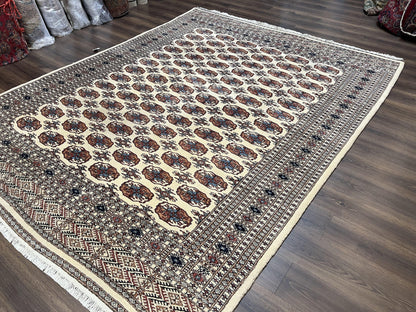 Pakistani Bokhara Rug 8x10, Traditional Turkoman Tribal Carpet, Allover Repeated Elephant Foot Motif, Ivory/Cream Black Red, Vintage Handmade