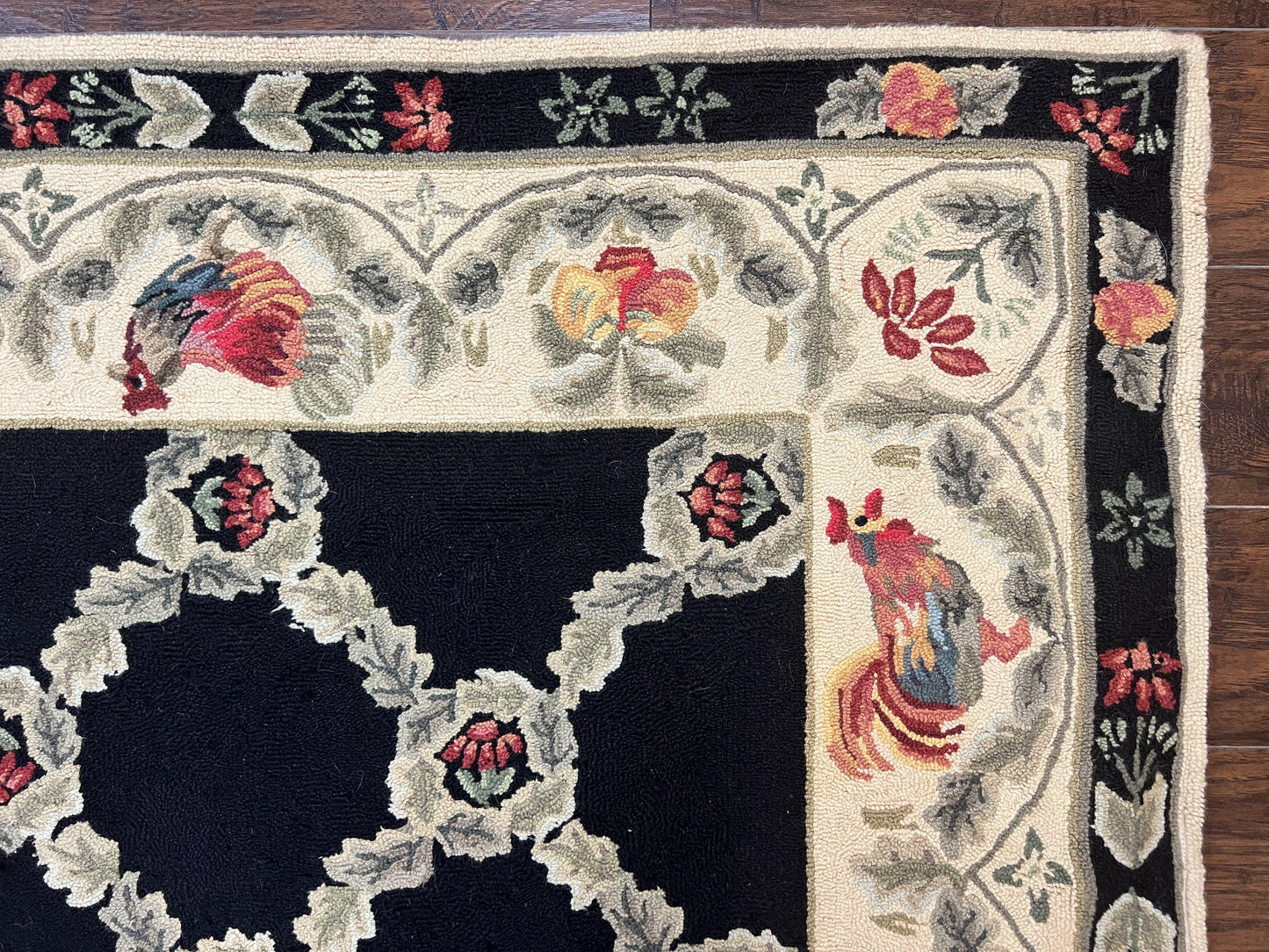 Hooked Rug 5x8 Vintage Wool Aubusson Pattern With Roses And Roosters