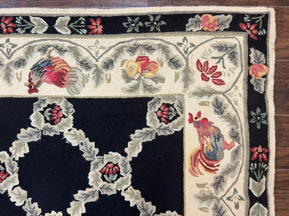 Hooked Rug 5x8 Vintage Wool Aubusson Pattern With Roses And Roosters