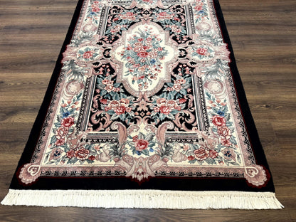 Aubusson Rug 4x6 Hand Knotted Wool Elegant European Floral Design Black Ivory Area Rug