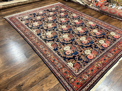 Persian Bidjar Rug 8x11, Floral Bouquets, Blue Black Red Pink, Handmade Hand Knotted Vintage Semi Antique Oriental Carpet