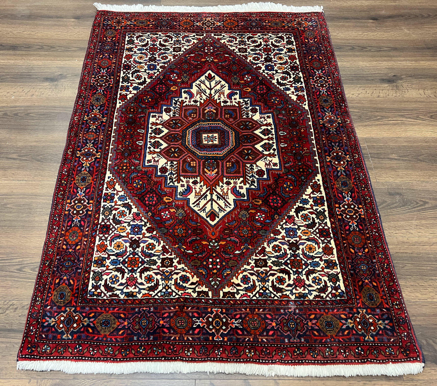 Fine Persian Bidjar Rug 3x5, Geometric Medallion Oriental Bijar Carpet 3 x 5 ft, Ruby Red and Cream, Hand Knotted Wool Rug, Semi Antique Tribal Rug, Nice