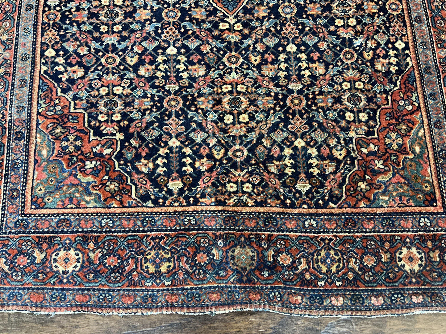 Persian Rug 4x7 Antique Sarouk Farahan Wool Carpet Navy Blue Red