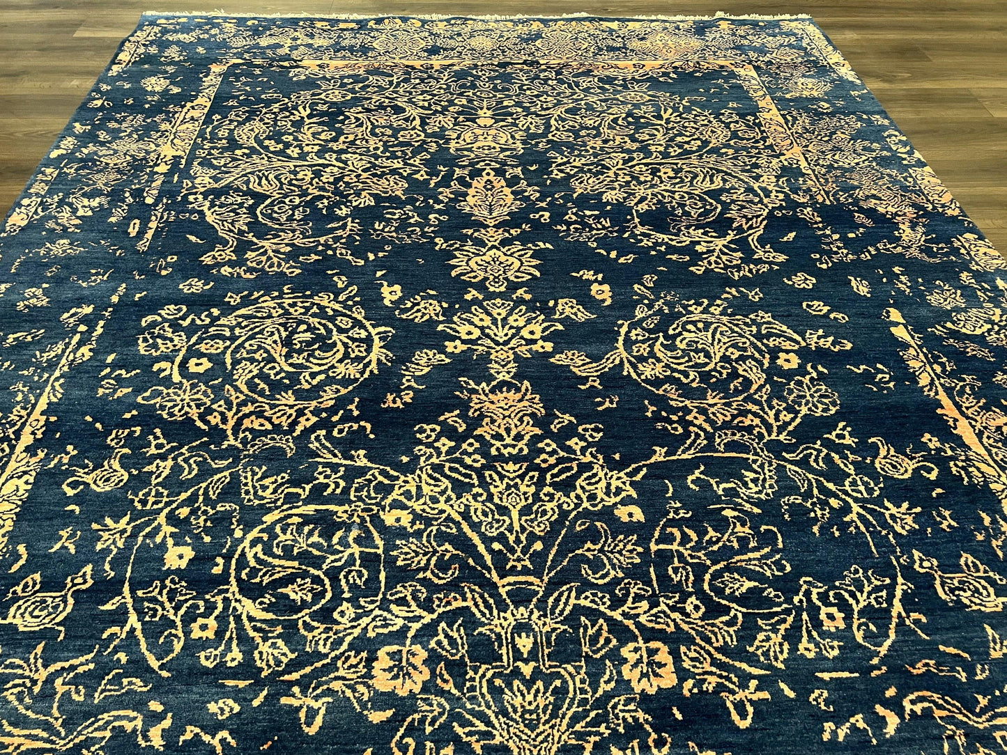 Handmade Wool Area Rug 8x10 Pakistani Oriental Blue and Gold Modern Living Room Decor
